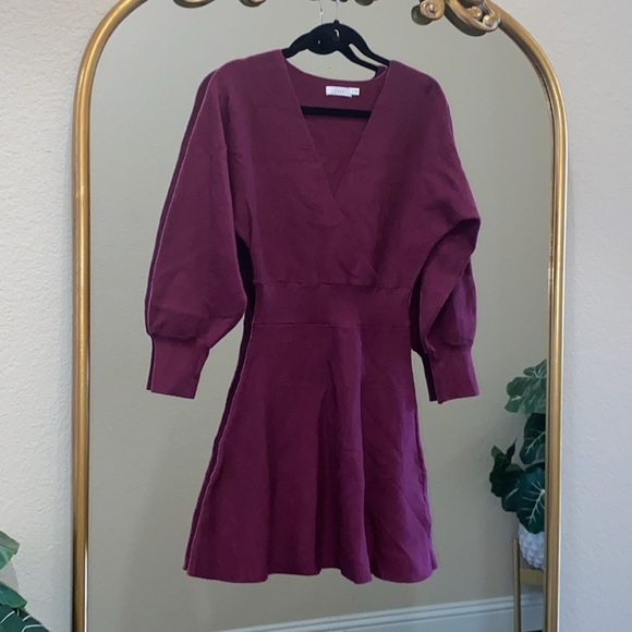 Lush Sweater Dress Balloon Sleeve Waist Textured Surplice Neck A Line Size L - Picture 6 of 9